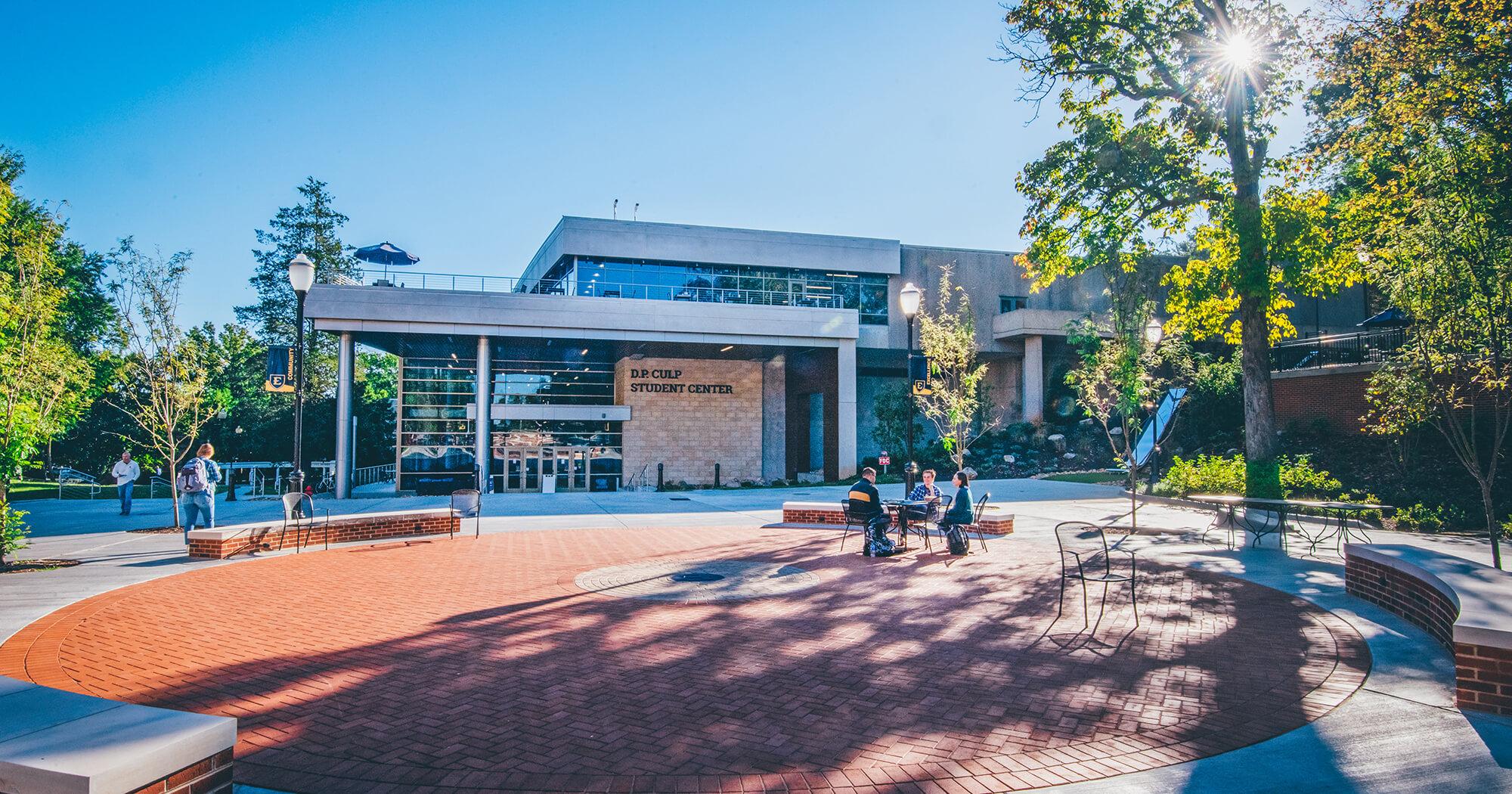 The commons area outside the DP Culp Student Center on a sunny spring day