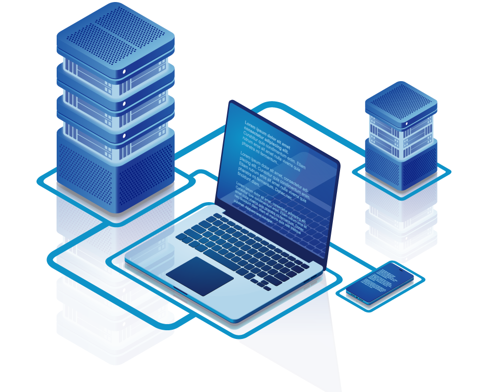 A graphic of an open laptop, mobile phone, and servers all interconnected by lines.