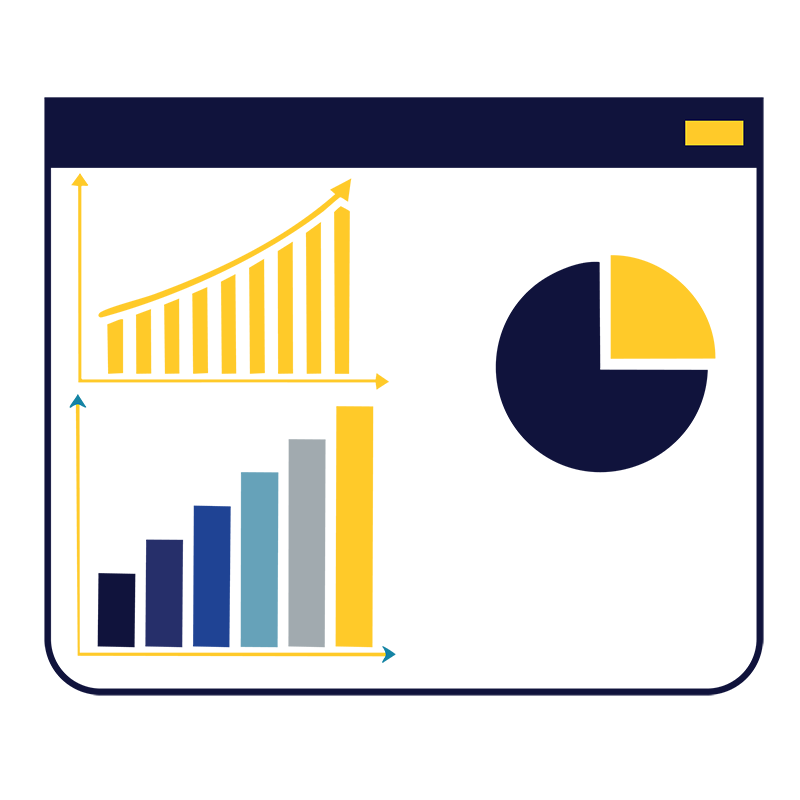 Illustration of bar charts and pie charts illustrating points of data