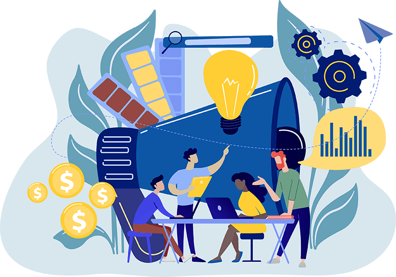 Illustration of multiple team members sitting at a table in a discussion. Illustrations of computer, dollar signs, light bulbs, gears, etc. surround them to portray ideas. 