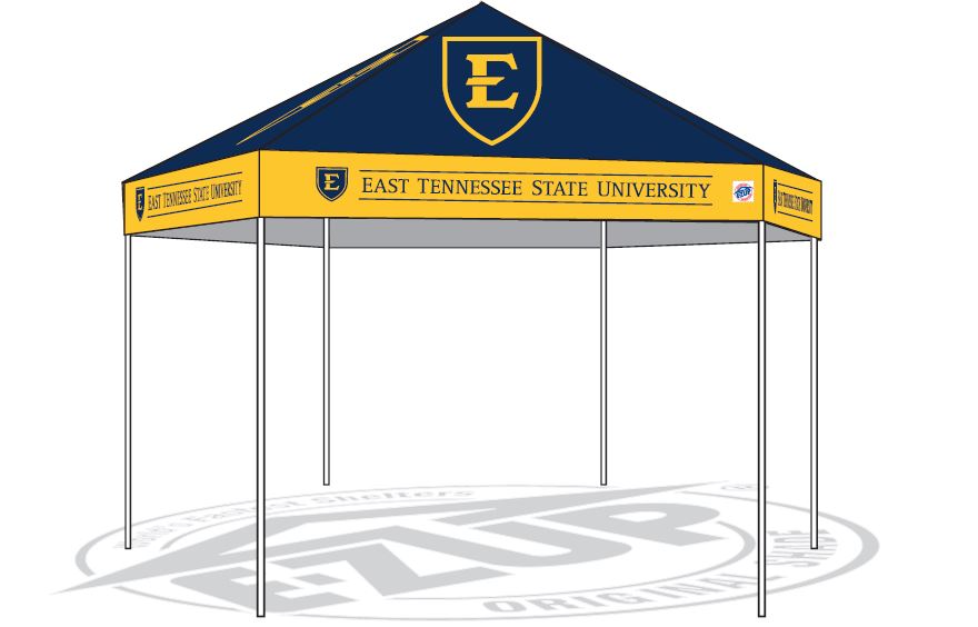 A side view of a tent "Hub" 16X16.