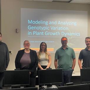 Final Presentation Oak Ridge Spring 2025: (From Left to Right): Nicholas Joyner, MS in ADS Spring 2026, Eden Huhn,  MS in ADS Spring 2025, Katie Thornton, BS in Math Spring 2025, MS in ADS, Spring 2026, Dr. Larry York, Oak Ridge National Labs, Dr. John Lagergren,  Oak Ridge National Labs (former ETSU BS Math student)