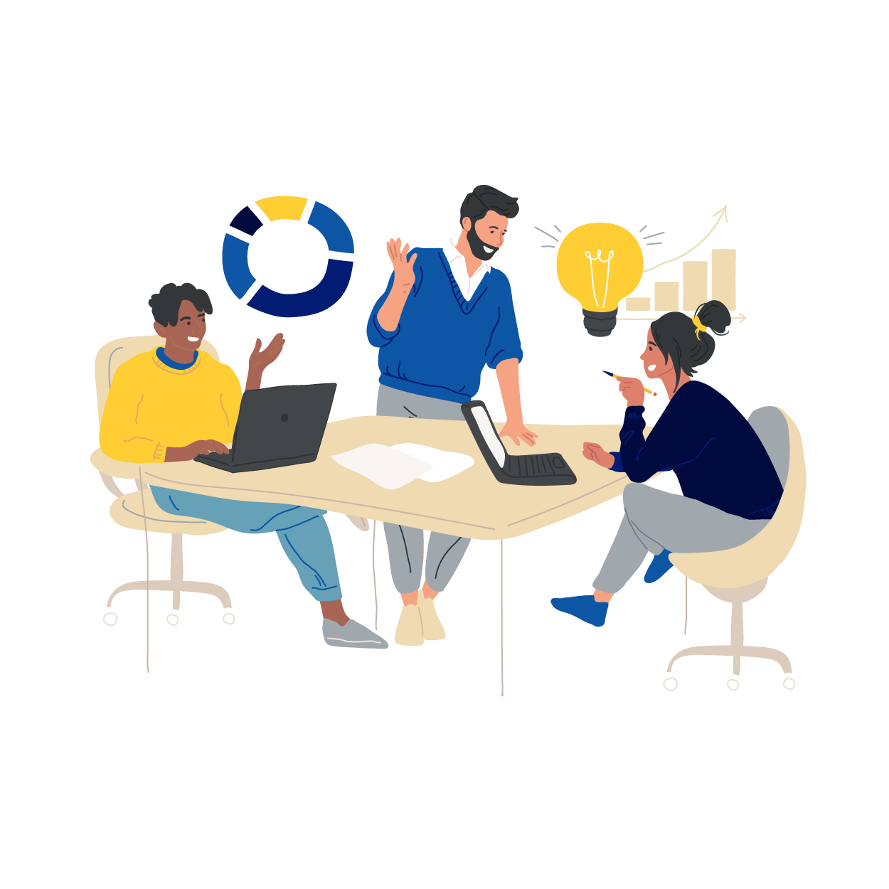 Illustration of a small group sharing ideas during a meeting
