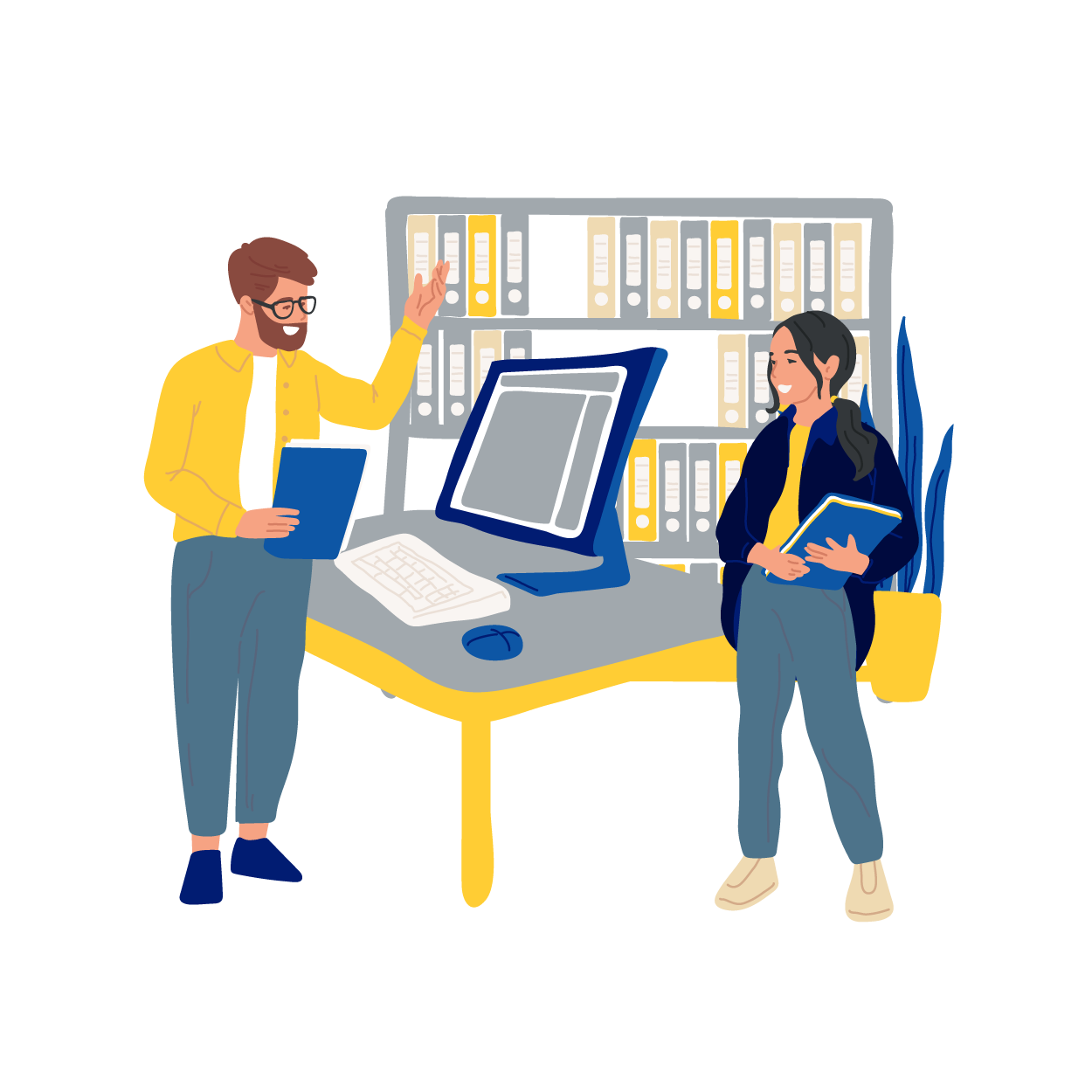 Illustration of two people in a library standing near books and a computer