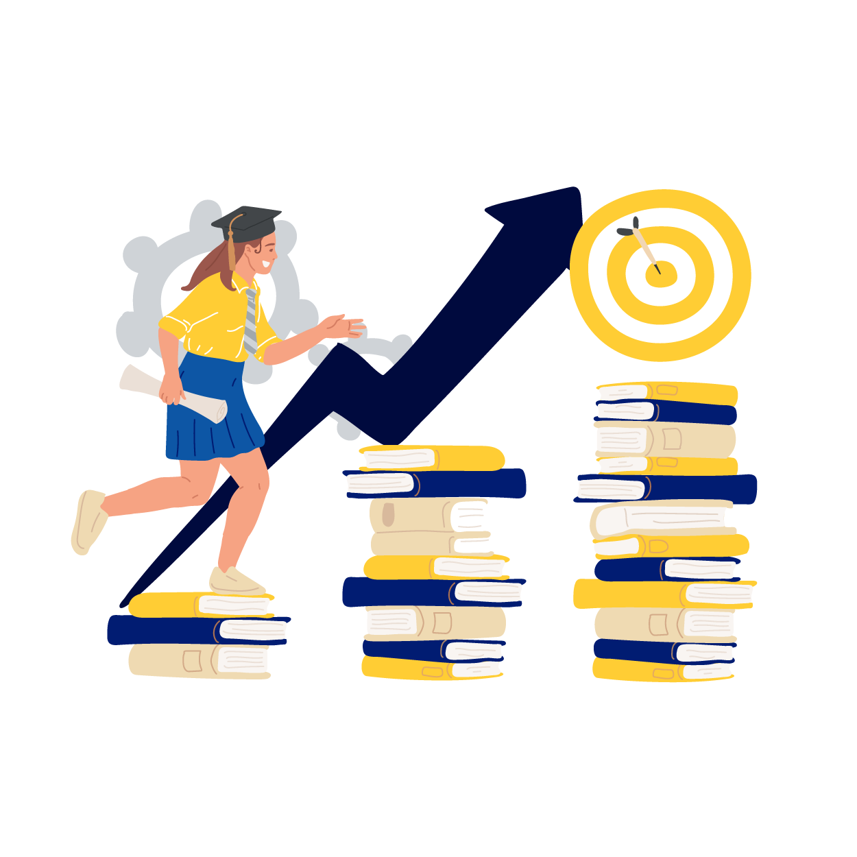 Illustration of a person using books as stepping stones for their personal growth