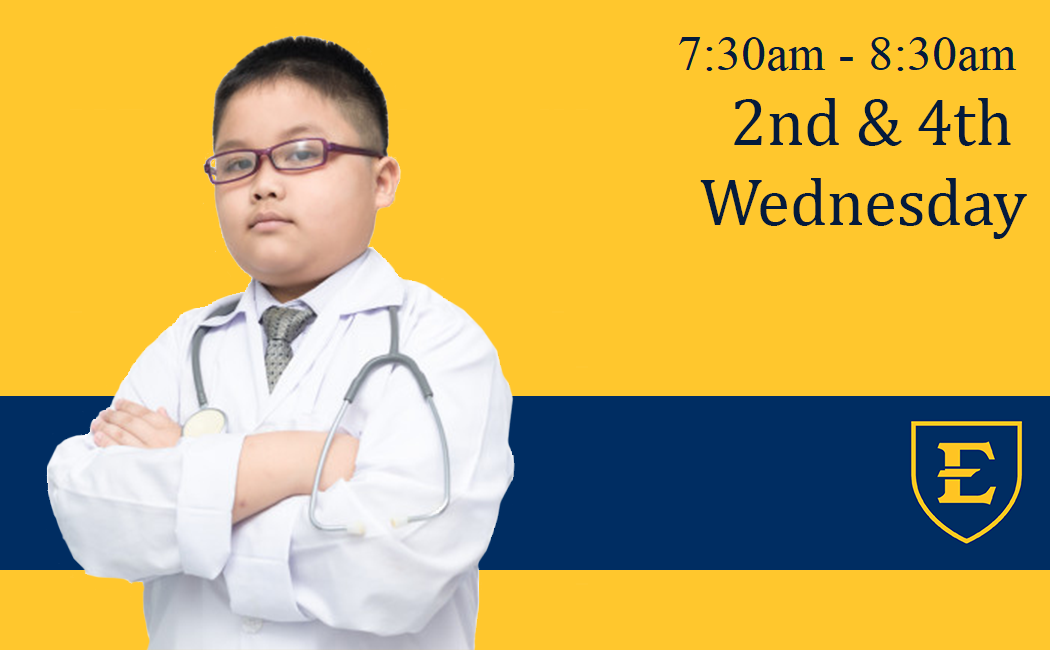 Promotional graphic with a yellow and blue background reading ‘7:30am–8:30am, 2nd & 4th Wednesday.’ On the left, a child wearing glasses, a white lab coat, tie, and stethoscope stands with arms crossed. An ‘E’ shield logo appears on the right.