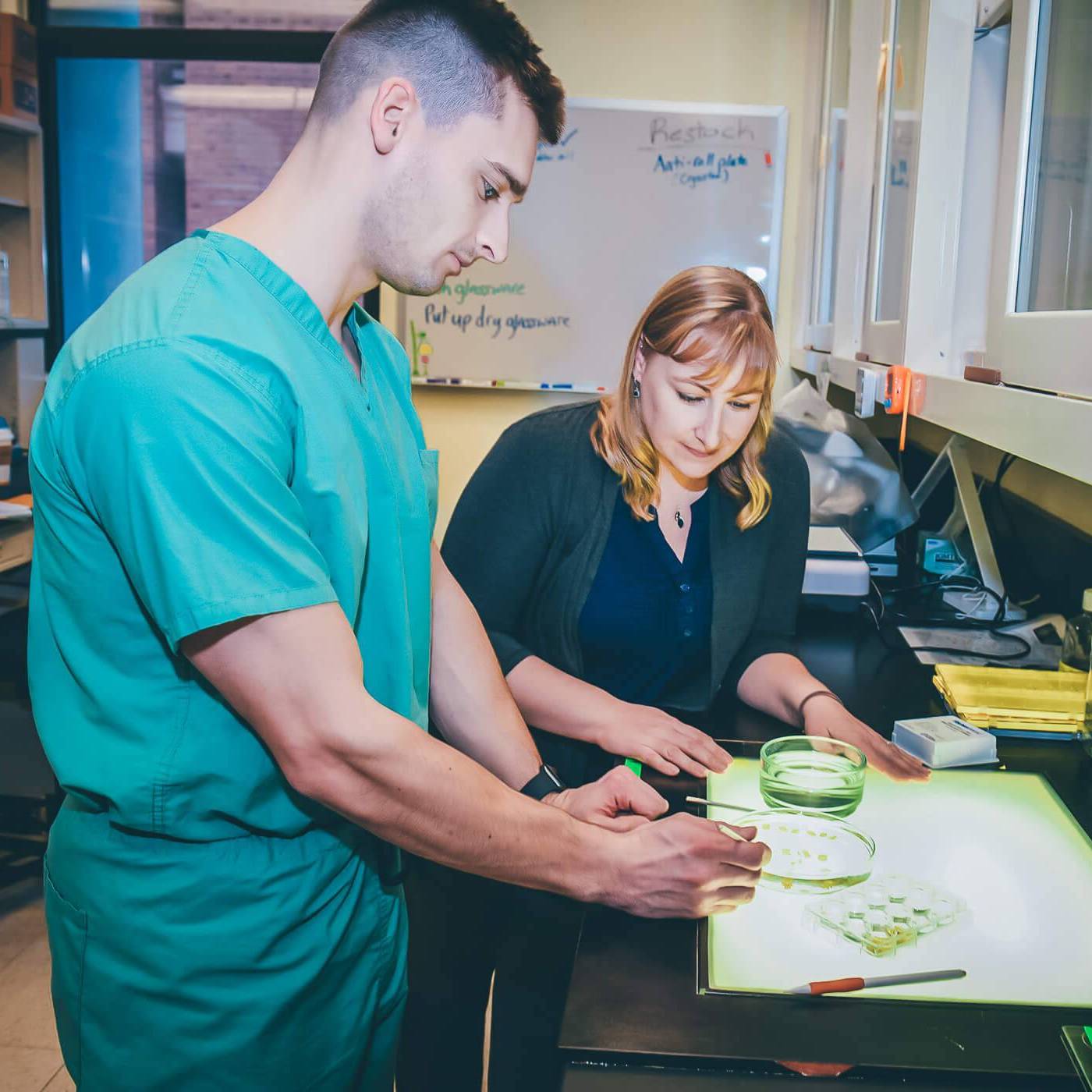 Male student in blue scrubs works in lab while professor watches.