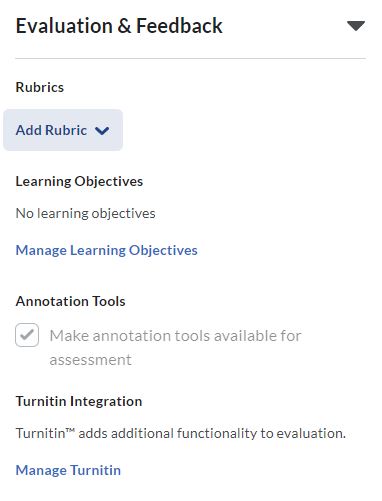 Image of the Edit Folder Screen of a dropbox folder properties in this order: name, originality check, folder type, category, grade item, out of score text box, student view preview, rubric - add a rubric button (selected)