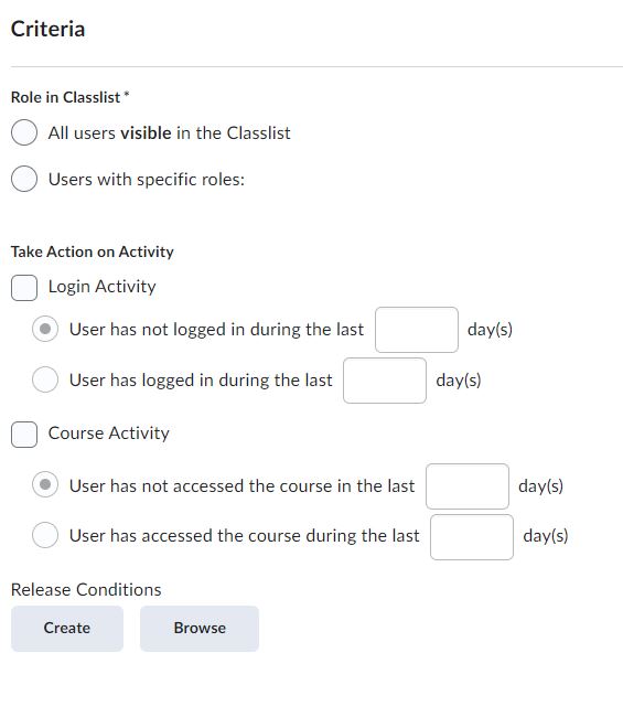 image of the agent criteria options of an intelligent agent (login activity, course activity, release conditions)