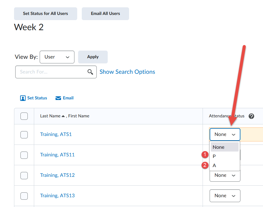 attendance status menu with p for present and a for absent