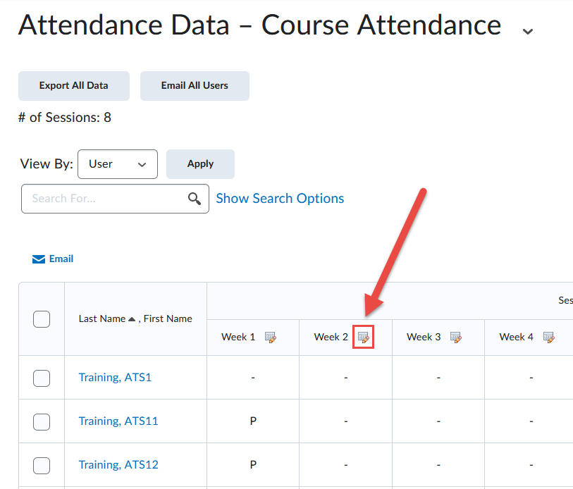 sessions table with the enter session info button highlighted.