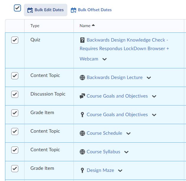 Image of multiple items selected from the editing table and the edit dates button