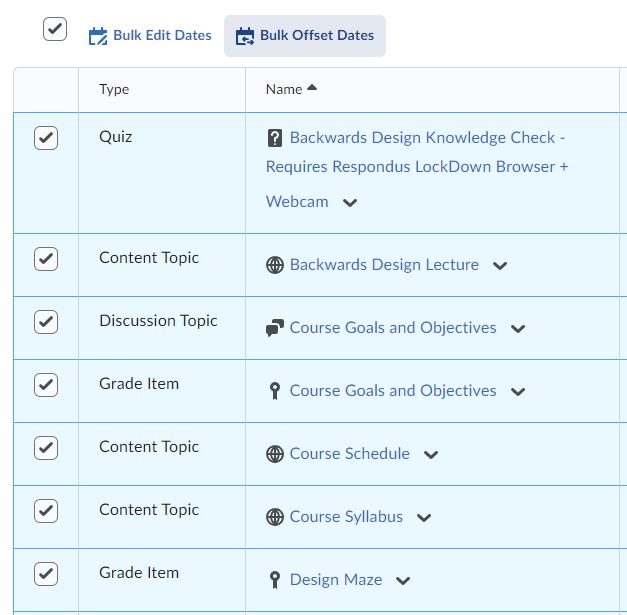 Image of multiple items selected from the editing table and the offset dates button