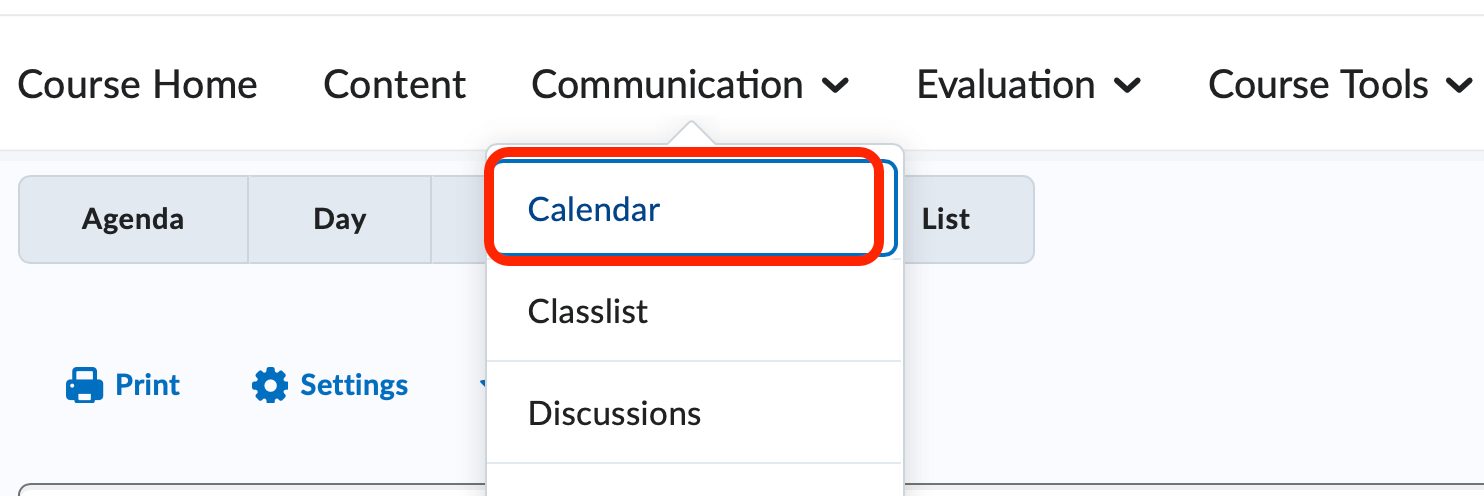 The course nav bar with the calendar tool selected