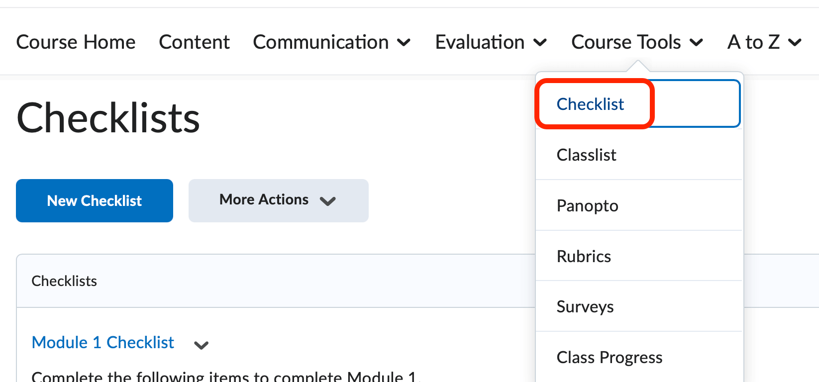 The checklist tool in the default course nav bar, within the Course Tools group