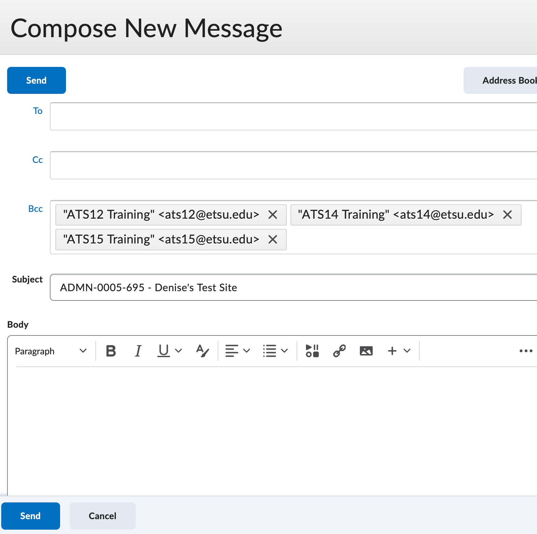 The compose new email page to create an email for the selected students