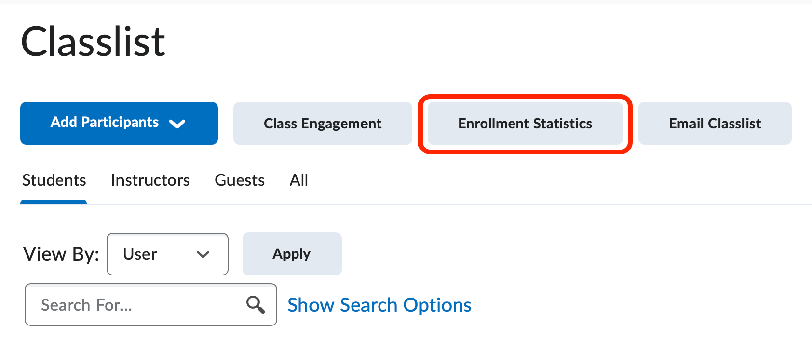 The classlist page with the enrollment statistics button highlighted
