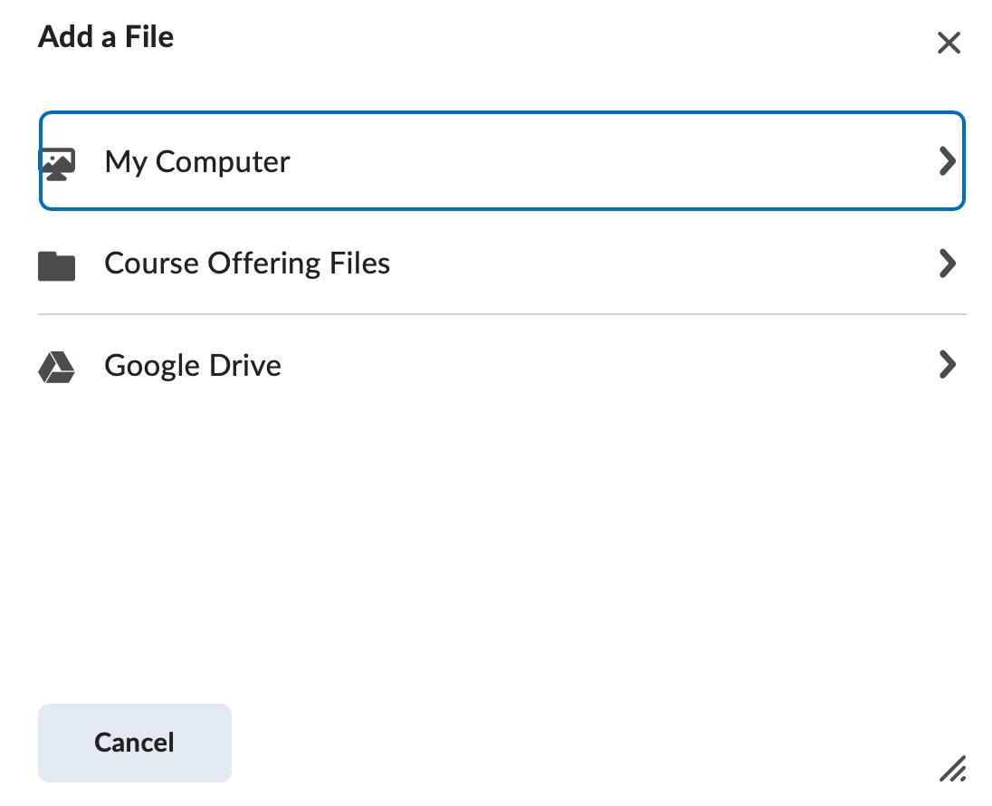 The add a file options (my computer, course offering files, public files, and Google Drive)