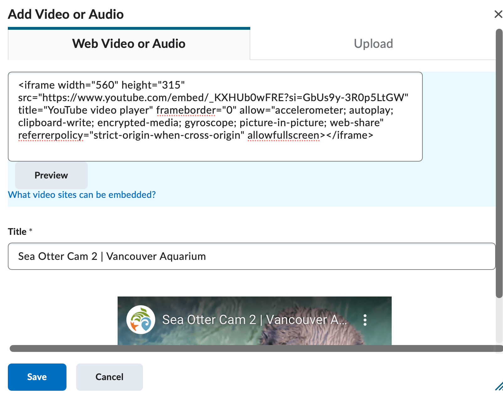 The Video/Audio popup where you can embed the video and enter the title