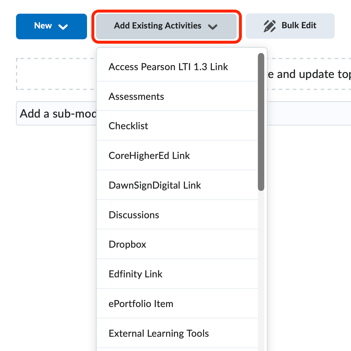 The add existing activities button expanded with the different activities you can add to the content section