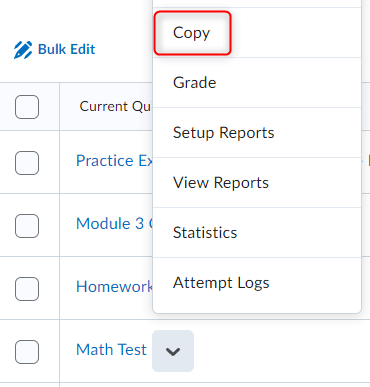 Image of the dropdown button on the manage quizzes screen with copy selected.