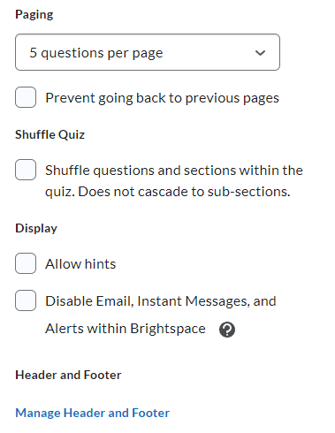 image of timing and display advanced options (paging, shuffle quiz, display, and header and footer)