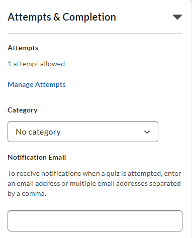 image of the attempts and completion options (number of attempts allowed, category for the quiz, notification email)