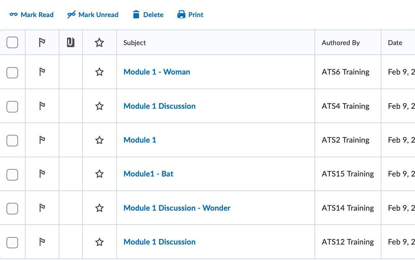 A discussion board topic in grid view