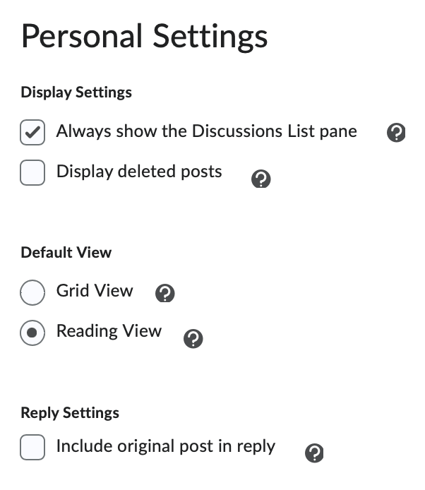 The personal settings options with default view selected