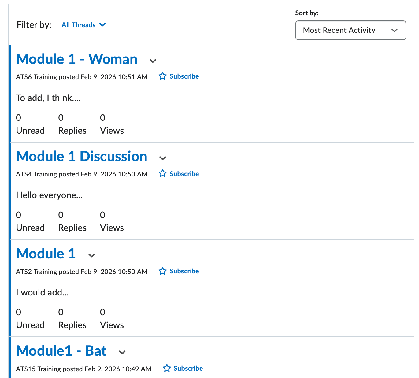 A discussion board topic in reading view