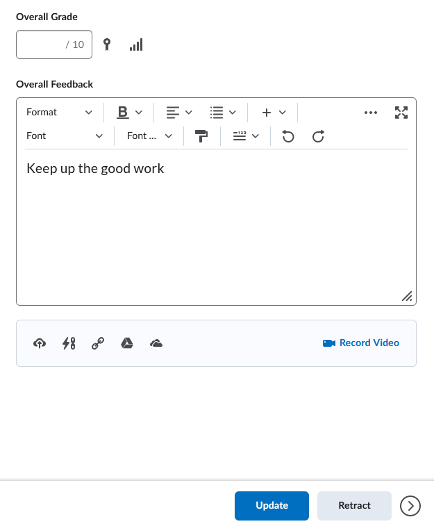 image of the topic score window (topic score, published, feedback options available)