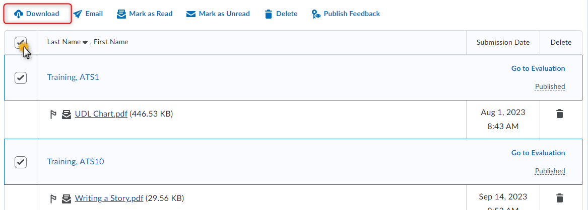 Image of the download in bulk options (all students in submission table checked)