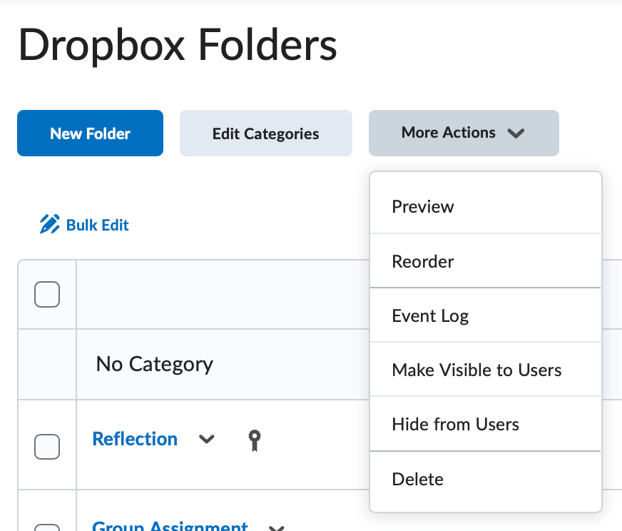 The more actions button expanded on the folder list screen 