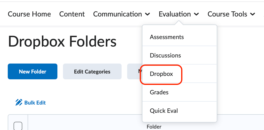 The course nav bar with the evaluation menu expanded and dropbox selected