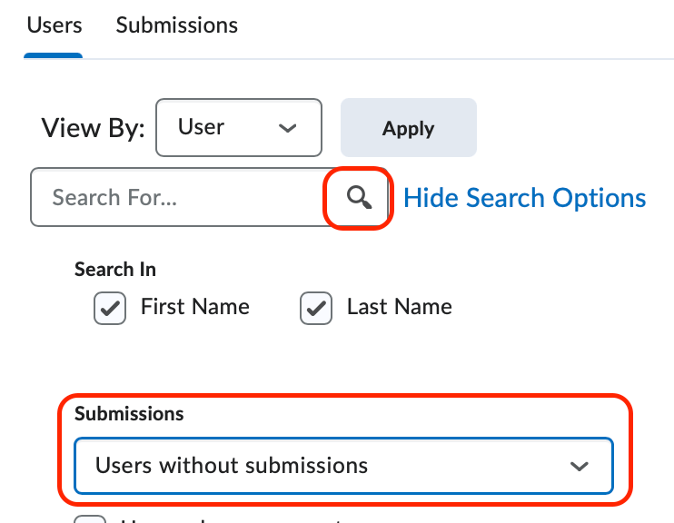 The Submission options necessary for displaying users without submissions