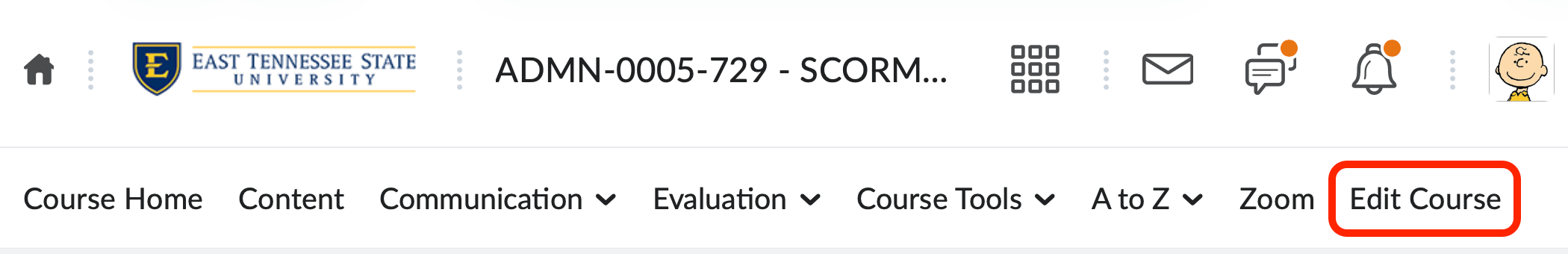 The course navbar with edit course selected