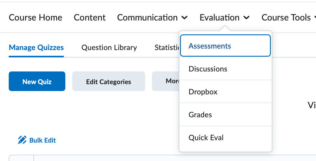 The default course navigation bar with the Evaluation link group expanded and the Assessments tool highlighted