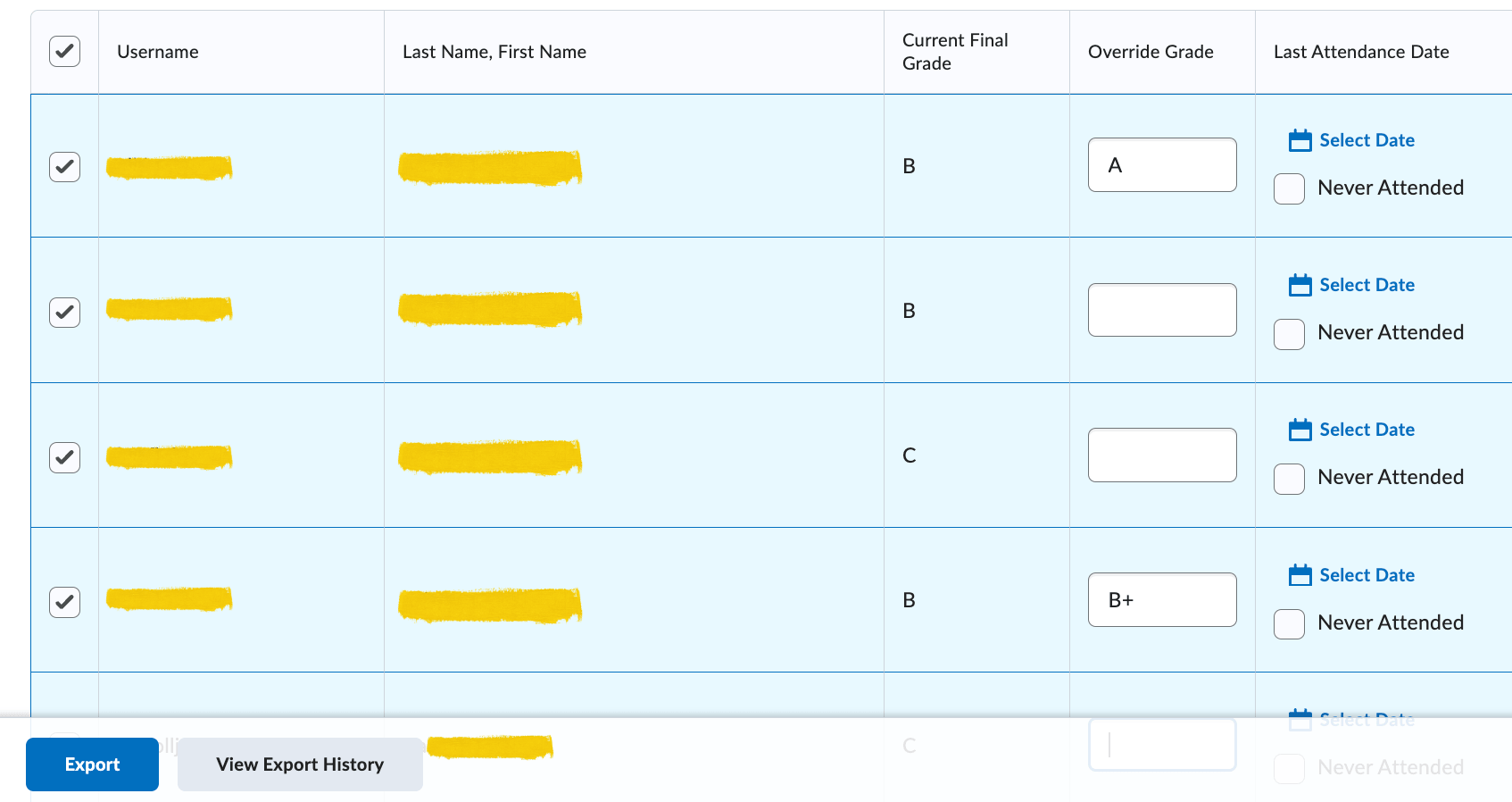The export to SIS page with all students selected.