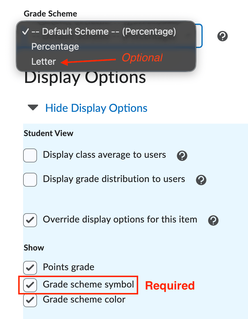 The edit grade column page with the scheme set to letters and the grade symbol highlighted.