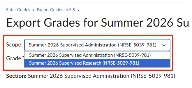 The export to sis page with multiple course sections with the scope option expanded to display the courses.