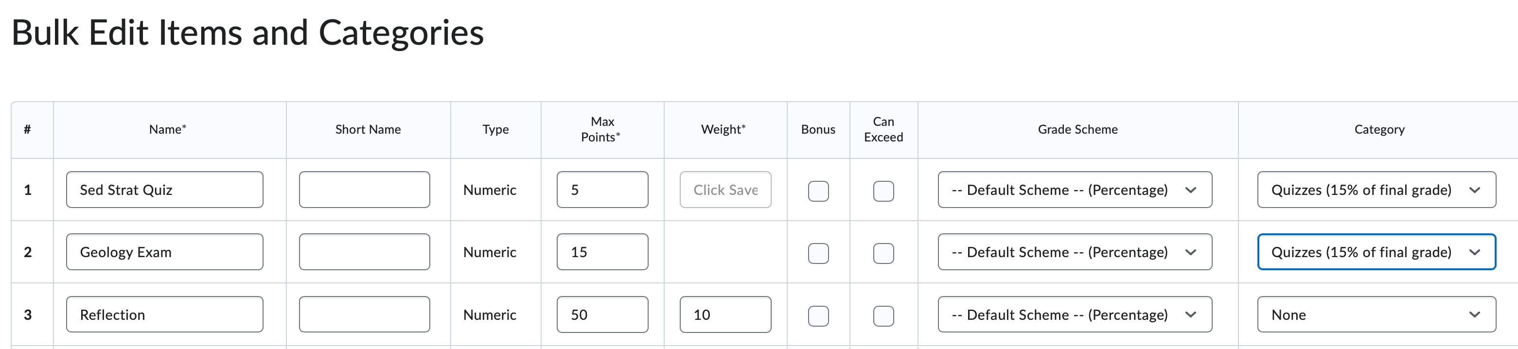 The bulk edit screen