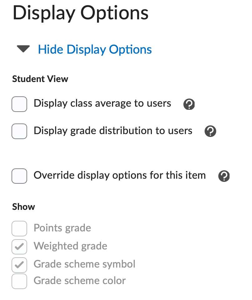 The category display options for a weighted category