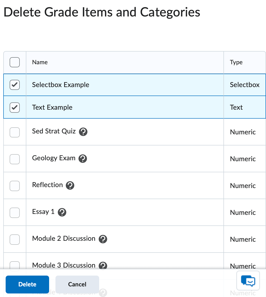 The Delete Grade Items and Categories with a grade item marked for deletion and three grade items with associations highlighted.