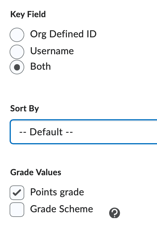 The key field and grade values options on the export screen.