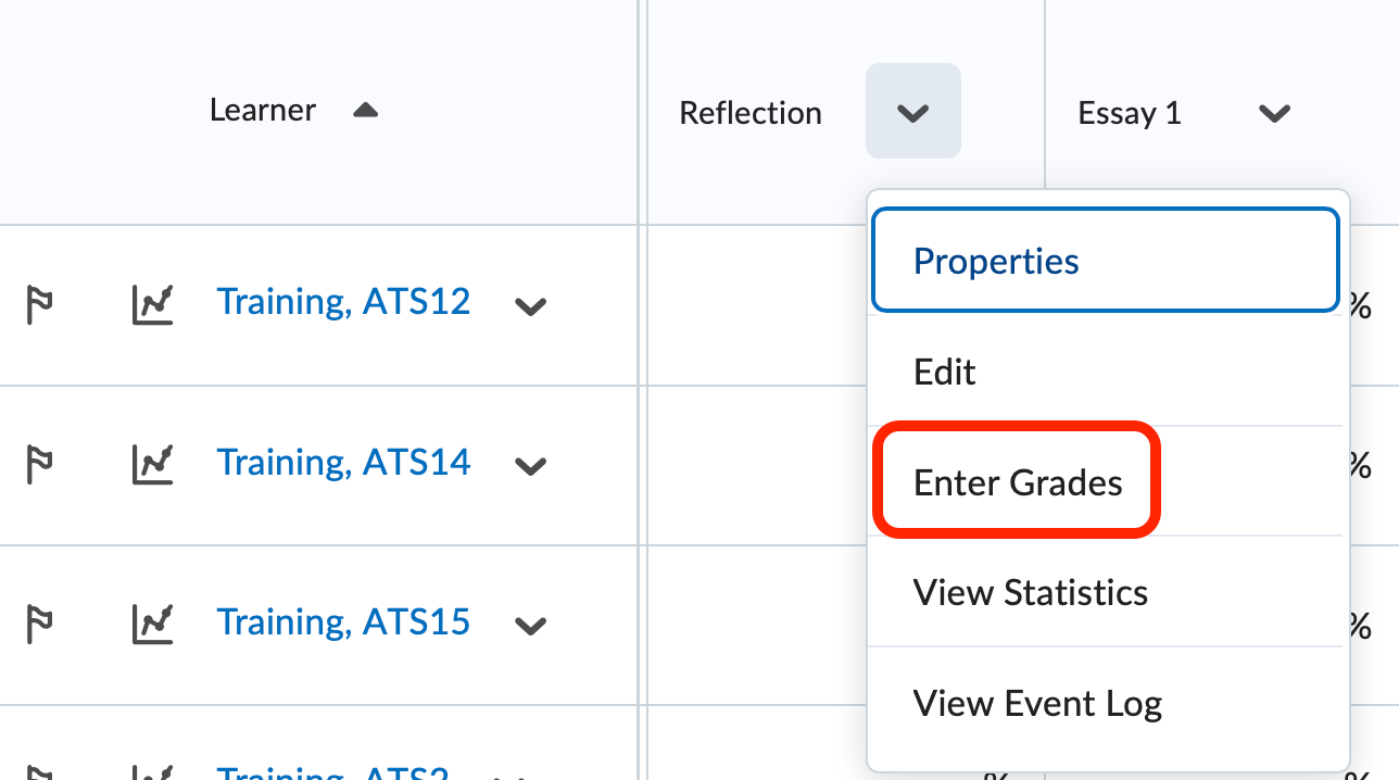 The context menu of a grade item (properties, edit, enter grades, statistics, event log.)