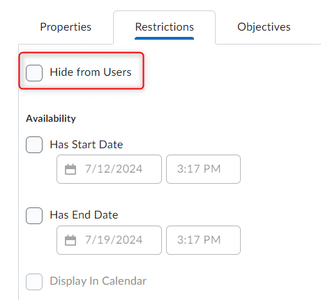 Image of the Visibility options of a grade item or category.