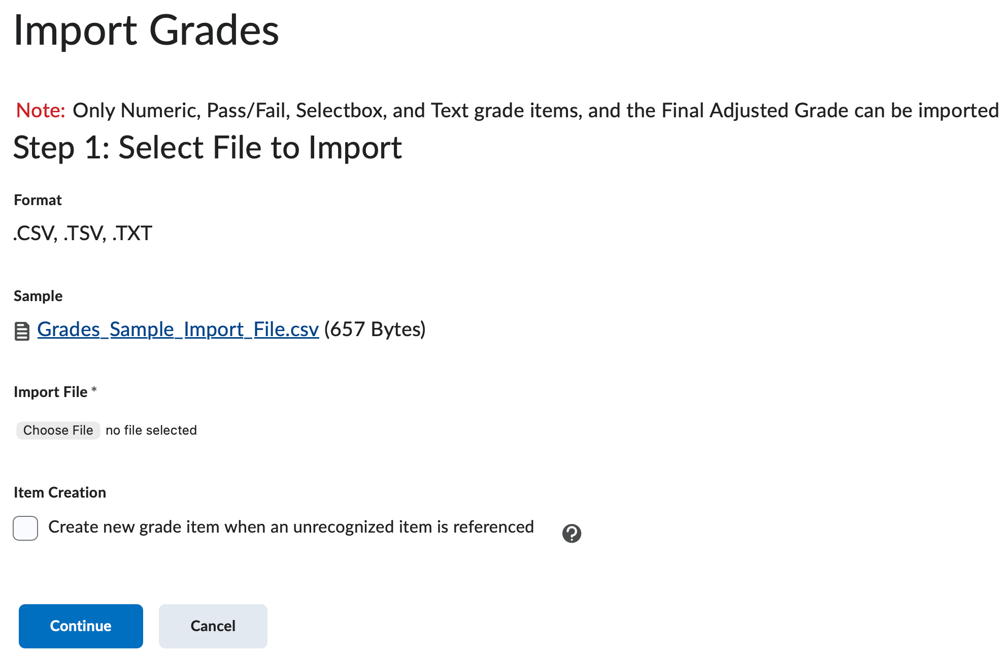 The Import Grades screen.