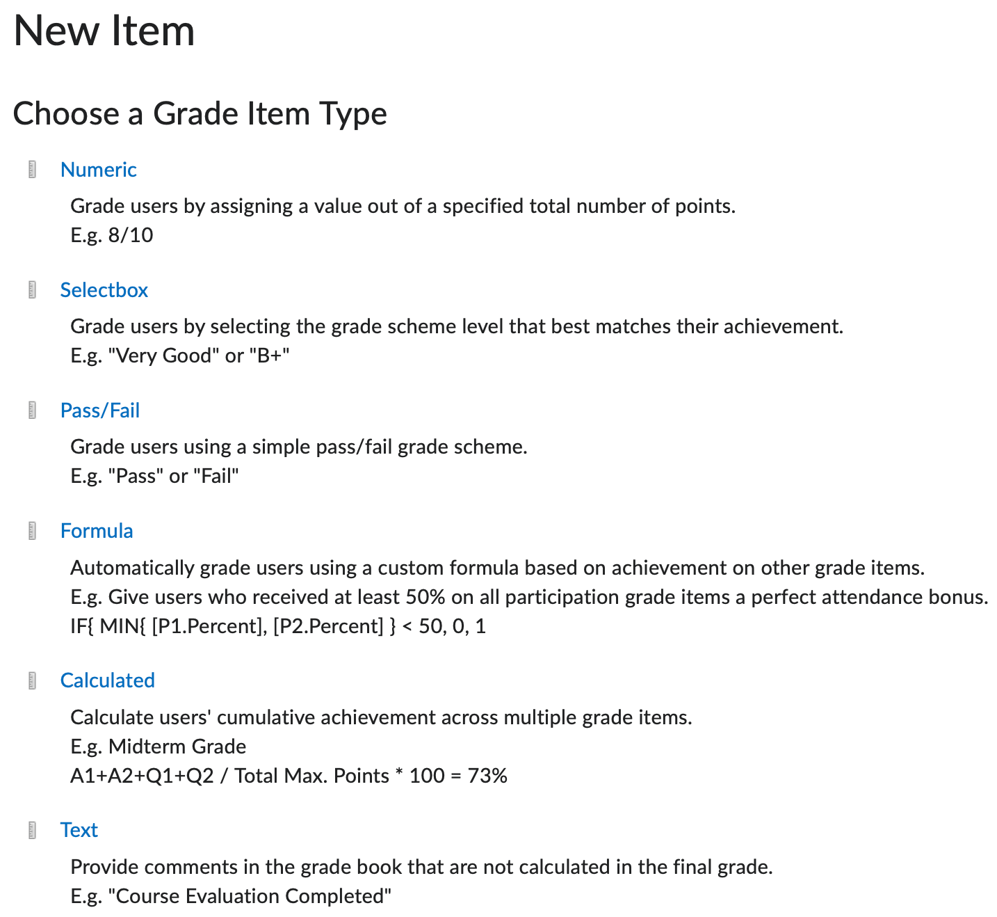 The grade item type options (numeric, selectbox, pass/fail, formula, calculated, and text)
