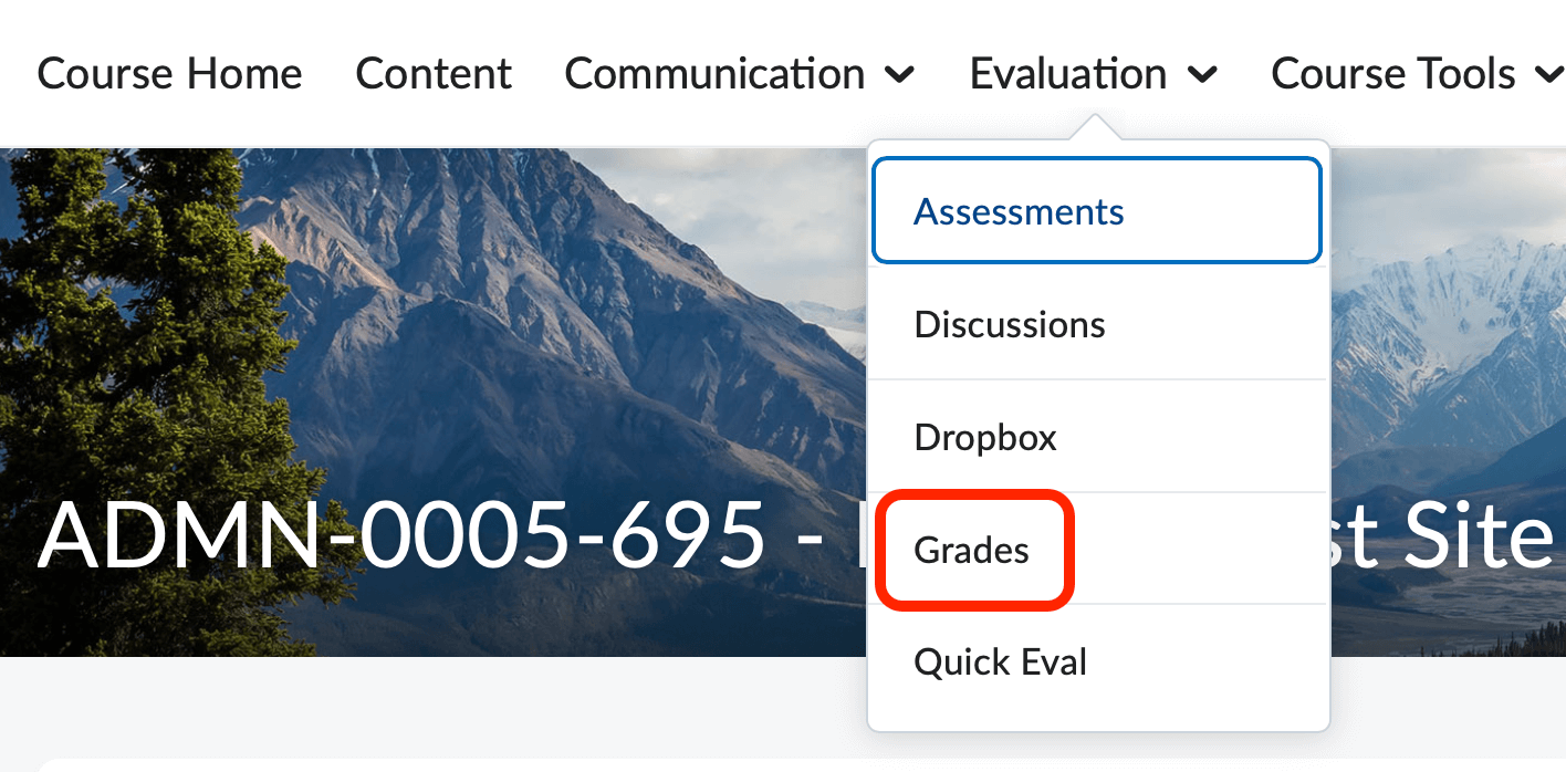 The default course nav bar with the evaluation menu expanded and grades selected