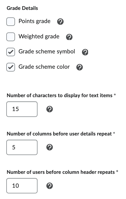 The grade details setting options (points grade, weighted grade, scheme symbol and color.)